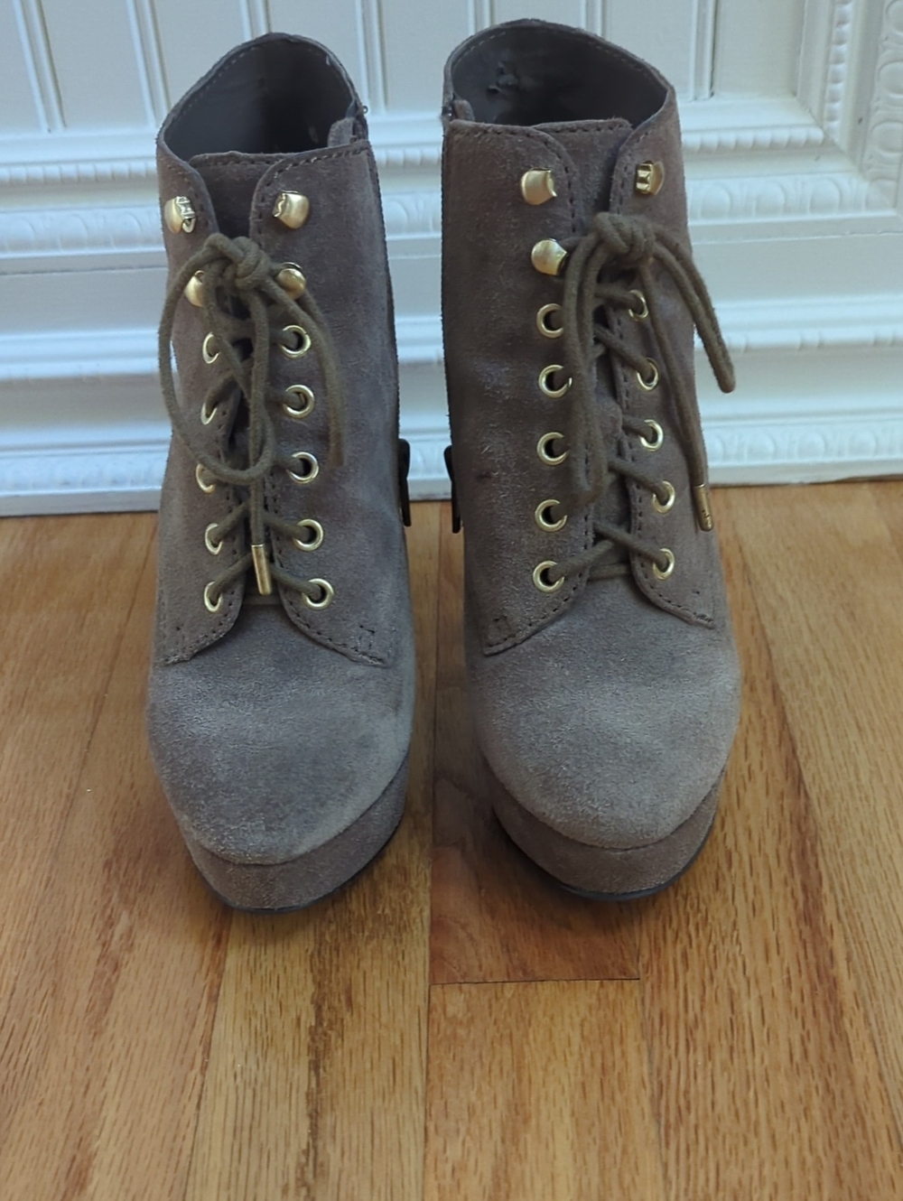 INC International Concepts Taupe Suede Lace-Up Ankle Boots with Gold Eyelets